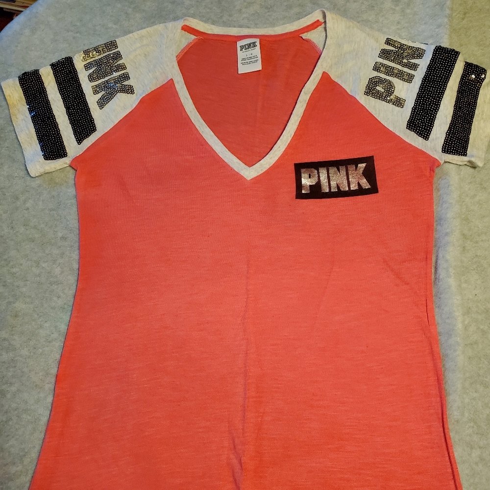 VS Pink sparkly v neck t-shirt. Sequins on both sleeves. So summery and cute on!